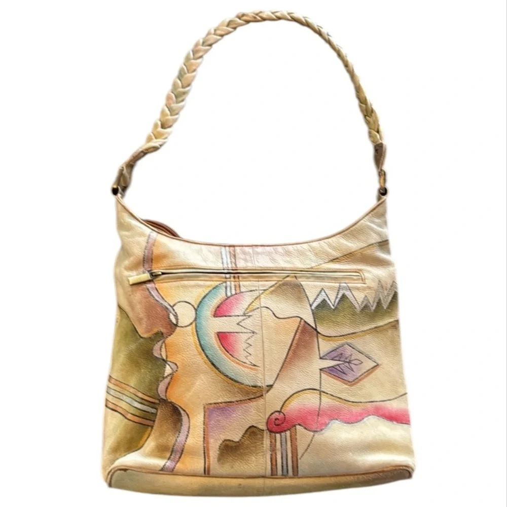 Vintage Handpainted Leather Manifique Hobo Bag with Braided Shoulder Strap